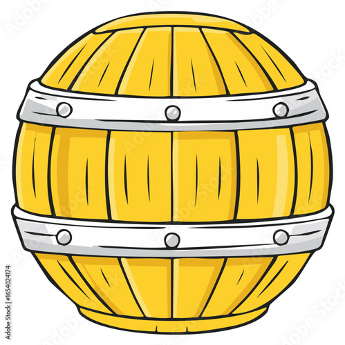 Stylized cartoon wooden barrel with metal bands and rivets, isolated illustration