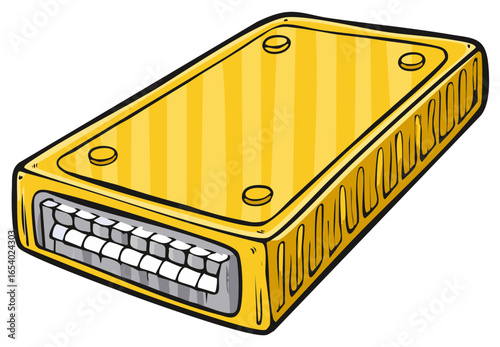 A simple hand drawn cartoon illustration of a yellow harmonica musical instrument