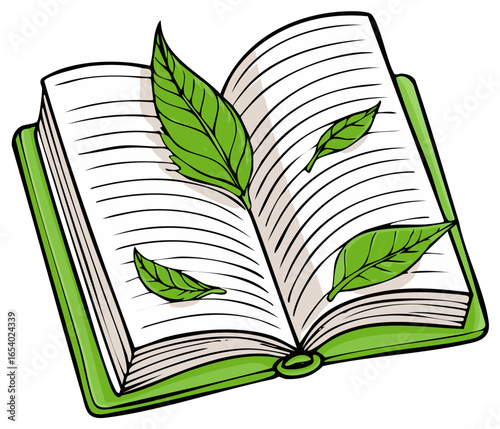 Open book pages with vibrant green leaves symbolizing learning and environment