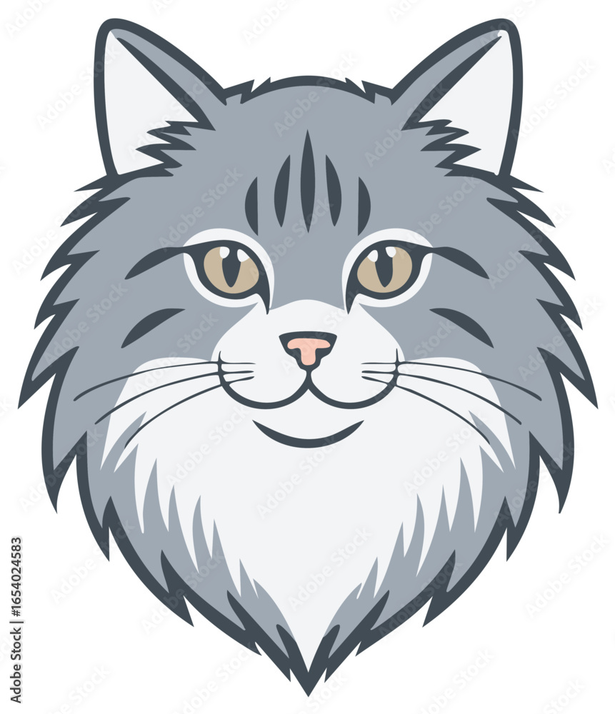 Fototapeta premium Cute Gray Tabby Cat Head Illustration Happy Feline Animal Portrait Mascot