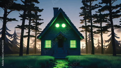 Surreal Forest Cabin: Glowing Eye Window in a Mysterious Woods