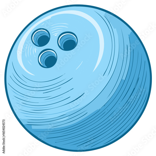 Light blue bowling ball with three finger holes in a cartoon sketch style illustration