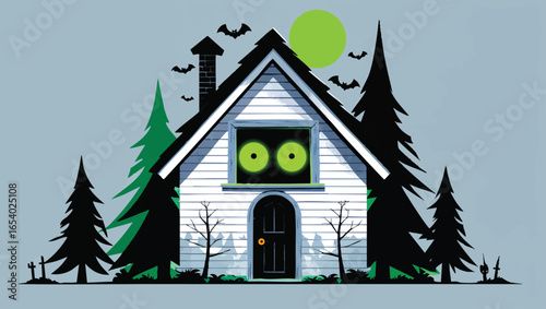 Surreal Forest Cabin: Glowing Eye Window in a Mysterious Woods