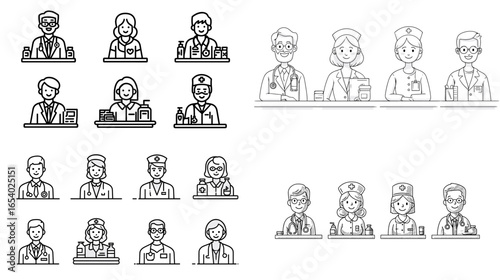 Line icons of medical professionals such as doctors, nurses, surgeons, and healthcare staff wearing uniforms and masks. Perfect for hospital, clinic, and telemedicine illustration.