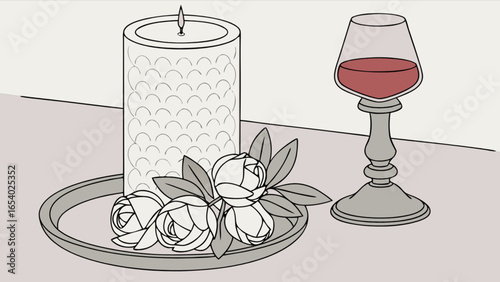 Elegant candle and wine glass illustration for decoration and romantic evening scene design concept art
