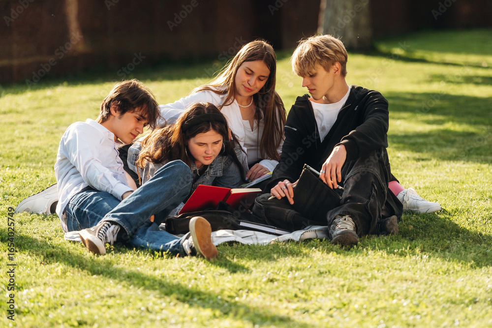 Fototapeta premium Reading together. Friends students are outdoors
