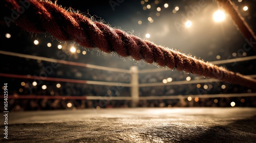 Dramatic Boxing Ring At Night With Red Ropes And Glowing Lights