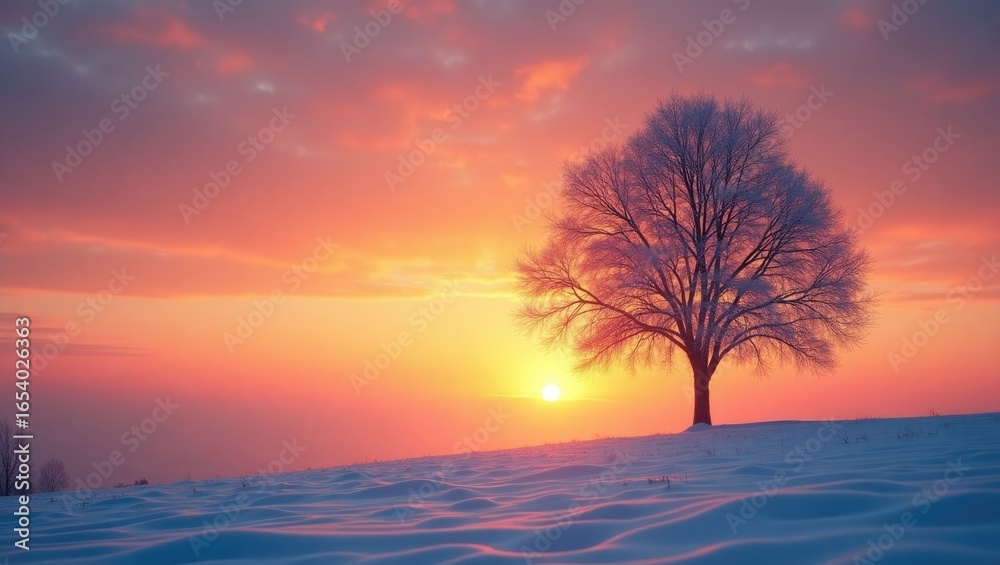 Fototapeta premium Sunrise over a snow-covered landscape with a lone frosted tree.
