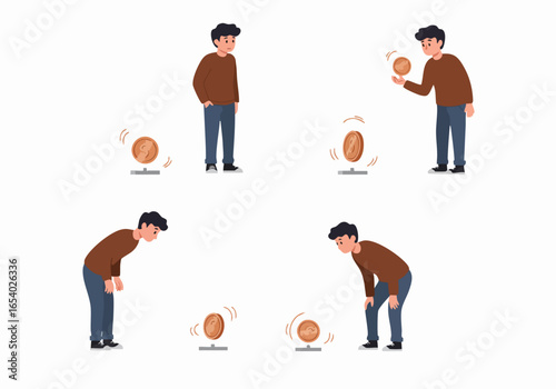 A man observes spinning coins, symbolizing chance, decision-making, or financial concepts.