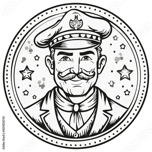 Distinguished man with a large mustache wearing a formal uniform hat vintage black and white illustration