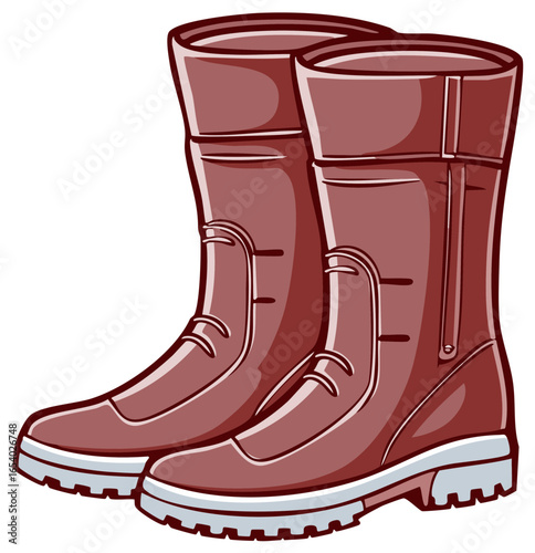Pair of cartoon style rubber boots, red in color, with white soles.