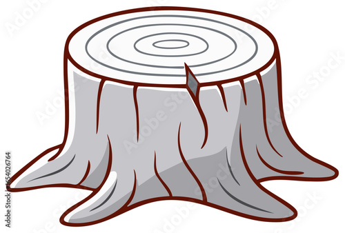 Cartoon tree stump with rings, crack, and roots, isolated against a plain backdrop for diverse design projects