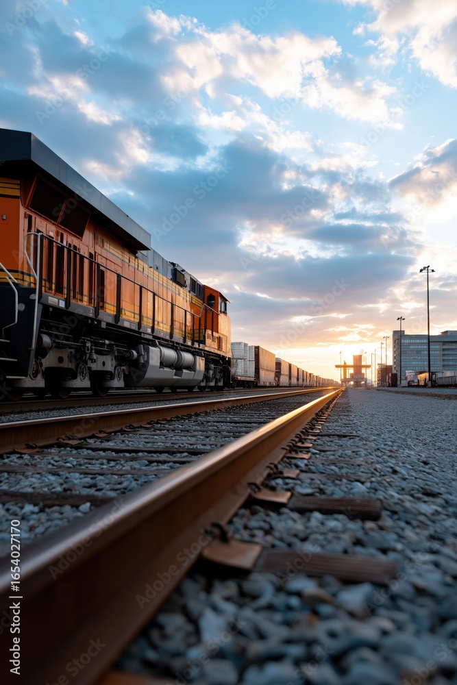 Fototapeta premium Freight train on railroad tracks at sunset with dramatic sky