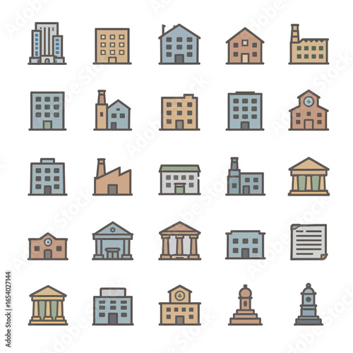 Collection of colorful building icons for architecture, business, and urban design projects