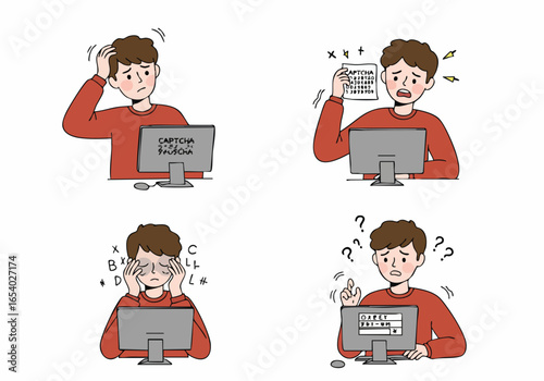 Man struggling with CAPTCHA verification on computer, experiencing frustration, confusion, and digital eye strain from online security challenges.