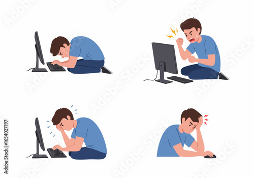 Young Man Experiencing Frustration, Stress, Headaches, and Poor Posture While Using Computer