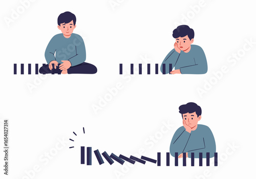 Illustration of a man setting up and then witnessing a domino chain collapse, symbolizing the cascading effect of problems, consequences, or a downturn.