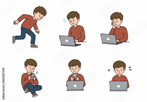 Cartoon illustrations of a young man experiencing sadness, worry, and frustration, depicting common emotional reactions to technology and daily life problems.