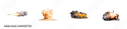 Sequence of four distinct explosions and smoke plumes on black, cut out transparent