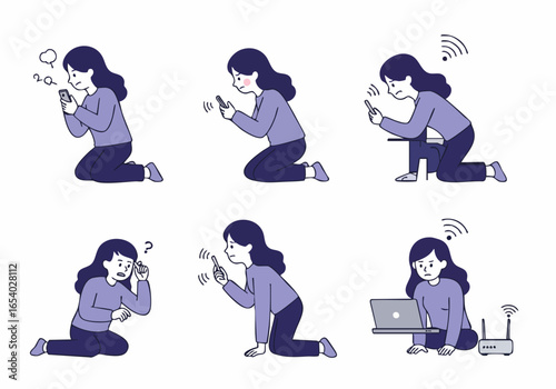 Woman frustrated by weak internet signal and Wi-Fi issues, searching for connectivity and dealing with a slow connection at home.