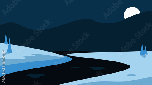 Explore a Silent Snowy Landscape with a Frozen River Scene