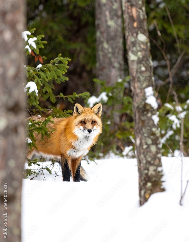 Fototapeta premium Red fox in snowy forest (1)