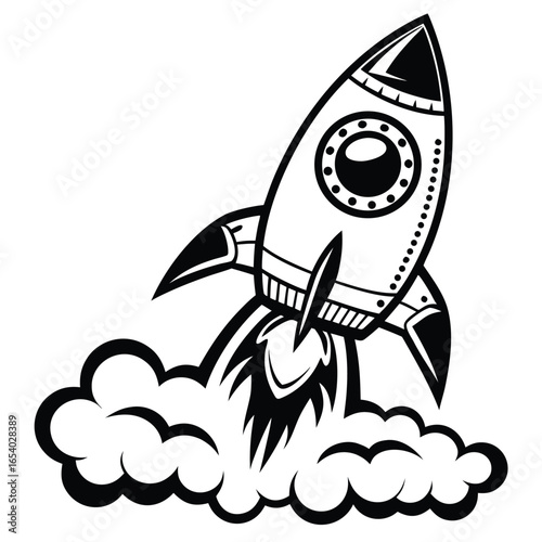 Rocket Launching with Smoke Trail on White Background Design