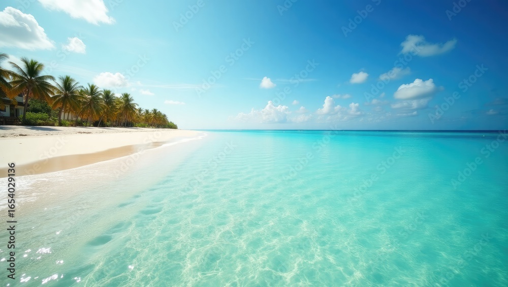 Obraz premium Pristine beach scene with turquoise water and palm trees.