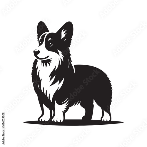 Elegant Pembroke Welsh Corgi vector silhouette artwork showcasing the breed’s short legs, long body, perky ears, and loyal charm, perfect for design, branding, decor, or creative projects.
