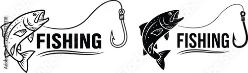 Fishing logo design with fish and hook vector illustration
