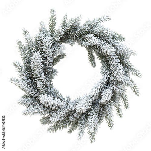Flocked evergreen christmas wreath with snow accents isolated on transparent background