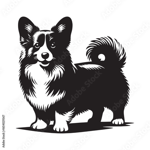 Elegant Pembroke Welsh Corgi vector silhouette artwork showcasing the breed’s short legs, long body, perky ears, and loyal charm, perfect for design, branding, decor, or creative projects.
