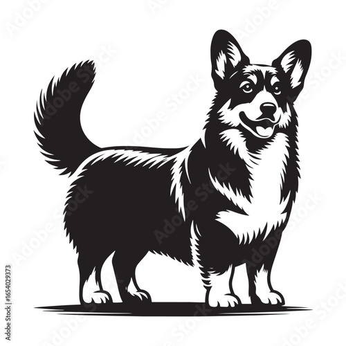 Elegant Pembroke Welsh Corgi vector silhouette artwork showcasing the breed’s short legs, long body, perky ears, and loyal charm, perfect for design, branding, decor, or creative projects.
