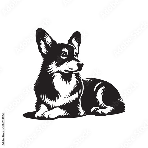 Elegant Pembroke Welsh Corgi vector silhouette artwork showcasing the breed’s short legs, long body, perky ears, and loyal charm, perfect for design, branding, decor, or creative projects.
