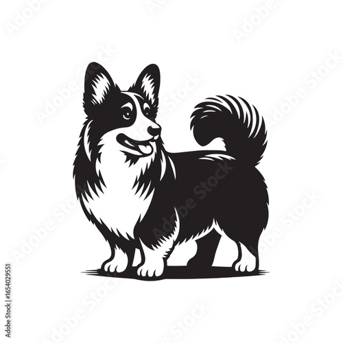 Elegant Pembroke Welsh Corgi vector silhouette artwork showcasing the breed’s short legs, long body, perky ears, and loyal charm, perfect for design, branding, decor, or creative projects.
