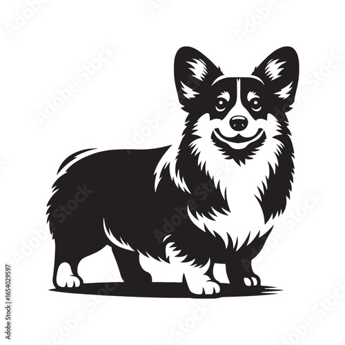 Elegant Pembroke Welsh Corgi vector silhouette artwork showcasing the breed’s short legs, long body, perky ears, and loyal charm, perfect for design, branding, decor, or creative projects.

