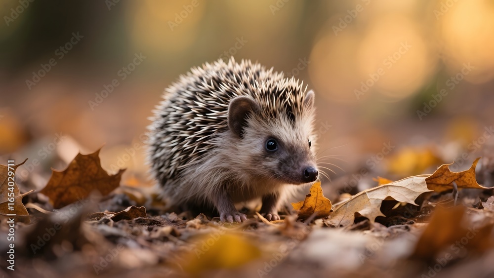 Fototapeta premium A small hedgehog exploring a forest floor covered with autumn leaves.