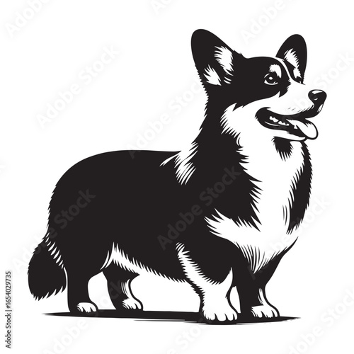 Elegant Pembroke Welsh Corgi vector silhouette artwork showcasing the breed’s short legs, long body, perky ears, and loyal charm, perfect for design, branding, decor, or creative projects.
