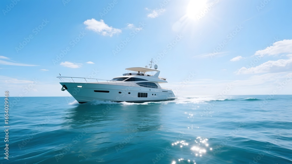 Luxury yacht cruising on calm blue waters under a sunny sky
