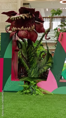 Large carnivorous plant sculpture displayed in indoor garden setting  