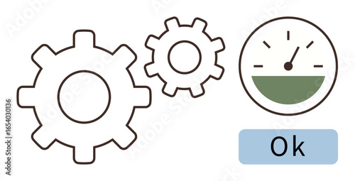 Gears rotating alongside a speedometer and Ok status signal. Ideal for productivity, technology, performance, machinery, optimization, engineering, manufacturing. Simple flat metaphor