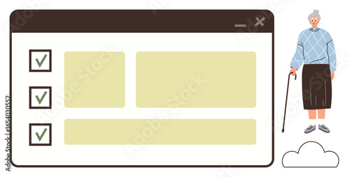 Digital checklist interface with completed tasks and an elderly person holding a cane. Ideal for organization, accessibility, inclusivity, senior assistance, planning, productivity, healthcare