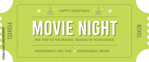 Christmas Reward Ticket or Coupon for Movie Night Vector Cutout Illustrated Template