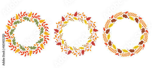 Autumn circular frame of leaves. Set of round foliate wreaths with cranberry berries.  Fall cozy atmospheric rims for seasonal cards, invitations, advertisements, booklets. Vector graphics
