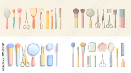 Set of makeup and grooming tools including brushes, scissors, mirrors, and combs in soft pastel tones. Perfect for beauty illustration, skincare branding, and salon product design