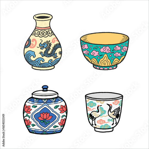 Hand-drawn vector set of four traditional Asian porcelain vessels vase, bowl, ginger jar, and teacup  decorated with dragons, cranes, lotus and cloud motifs
