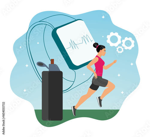 A woman jogging outdoors while monitored by modern wearable fitness technology.