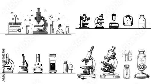 Detailed scientific illustration of microscopes, lab bottles, and scientific tools. Perfect for education, biology, and medical research design projects.