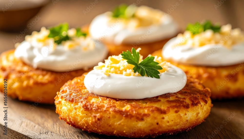 Golden Potato Pancakes with Sour Cream, Cheese, and Parsley Garnish on Wooden Board Golden Potato Pancakes with Sour Cream, Cheese, and Parsley Garnish on Wooden Board