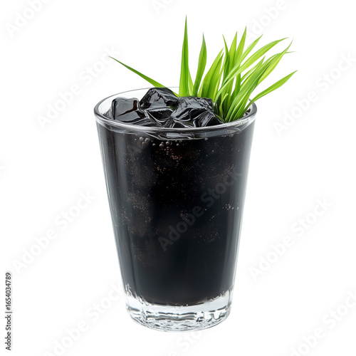 A hand holding a cup of grass jelly drink with ice, refreshing and glossy texture of the jelly cubes on transparent png background. Ai generated